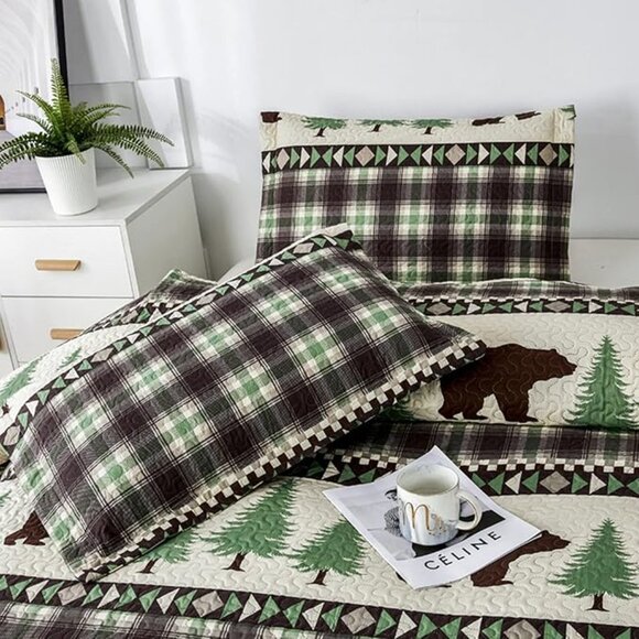 NEW Quilts Queen Size, 3Pcs Rustic Cabin Bedspread Coverlet Set Bear Green Pines - Picture 2 of 8